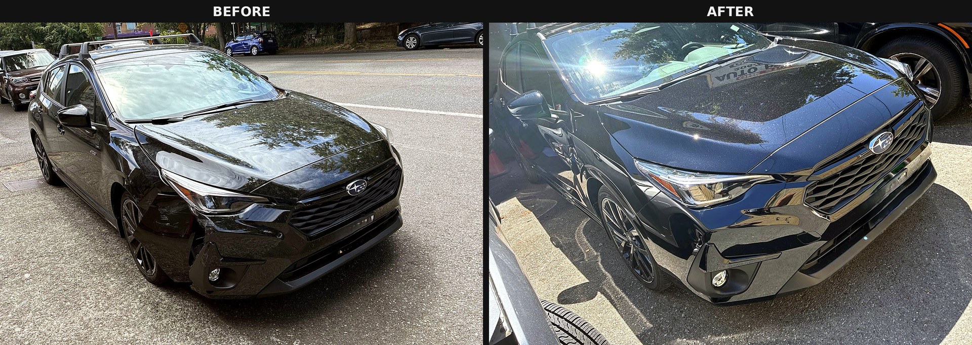 Subaru Impreza front-end collision repair — before and after at Tony's Greenwood Auto Body